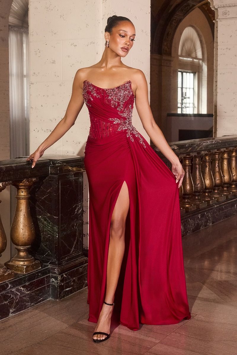 Ladivine CD689 Beaded Sheer Corset Scoop Neck Prom Dress – Glass