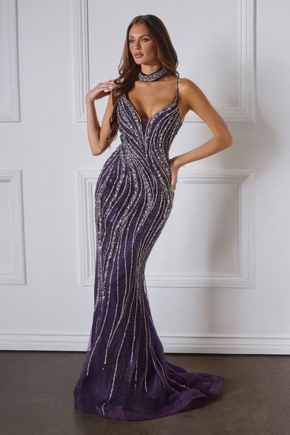 Make an unforgettable entrance in the Ladivine CD719, a stunning beaded prom dress designed for pageant-worthy moments. This elegant gown features a plunging V-neckline, delicate spaghetti straps, and intricate beadwork that catches the light beautifully. The matching choker adds a sophisticated touch, while the graceful train creates dramatic movement as you walk. Perfect for prom, pageants, or any formal occasion where you want to command attention with timeless glamour and refined style.

Silhouette:&nbs