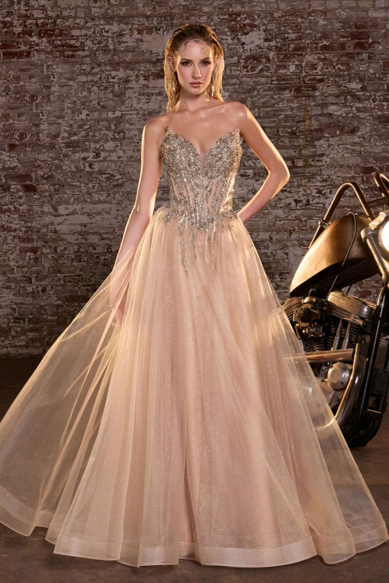 Ladivine CD721 Strapless A-Line Crystal Corset Prom Dress 4 / Gold