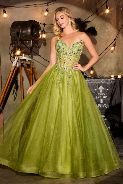 Elevate your prom night with the Ladivine CD721, a strapless A-line gown that commands attention. The plunging sweetheart neckline frames your silhouette beautifully, while intricate crystal embellishments adorn the corset bodice for a touch of glamour. The flowing skirt creates an elegant silhouette that moves gracefully across the dance floor, and the dramatic train adds a finishing flourish of sophistication. Perfect for those seeking a show-stopping formal look that balances modern edge with timeless el