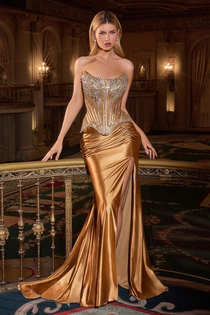 Ladivine CD733 Strapless Crystal Corset Pageant Prom Dress 10 / Sienna Gold