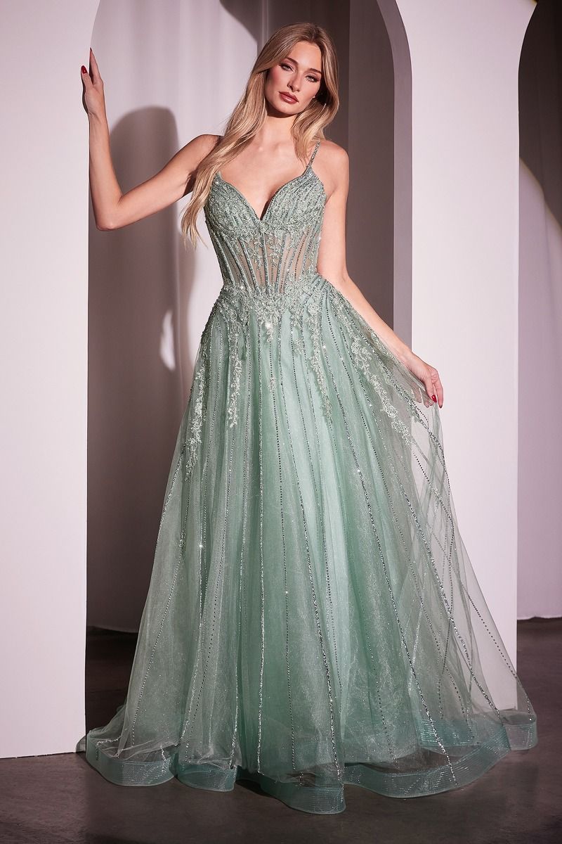 Ladivine CD786 Sheer Crystal Corset Prom Dress Pageant Gown 4 / Sage