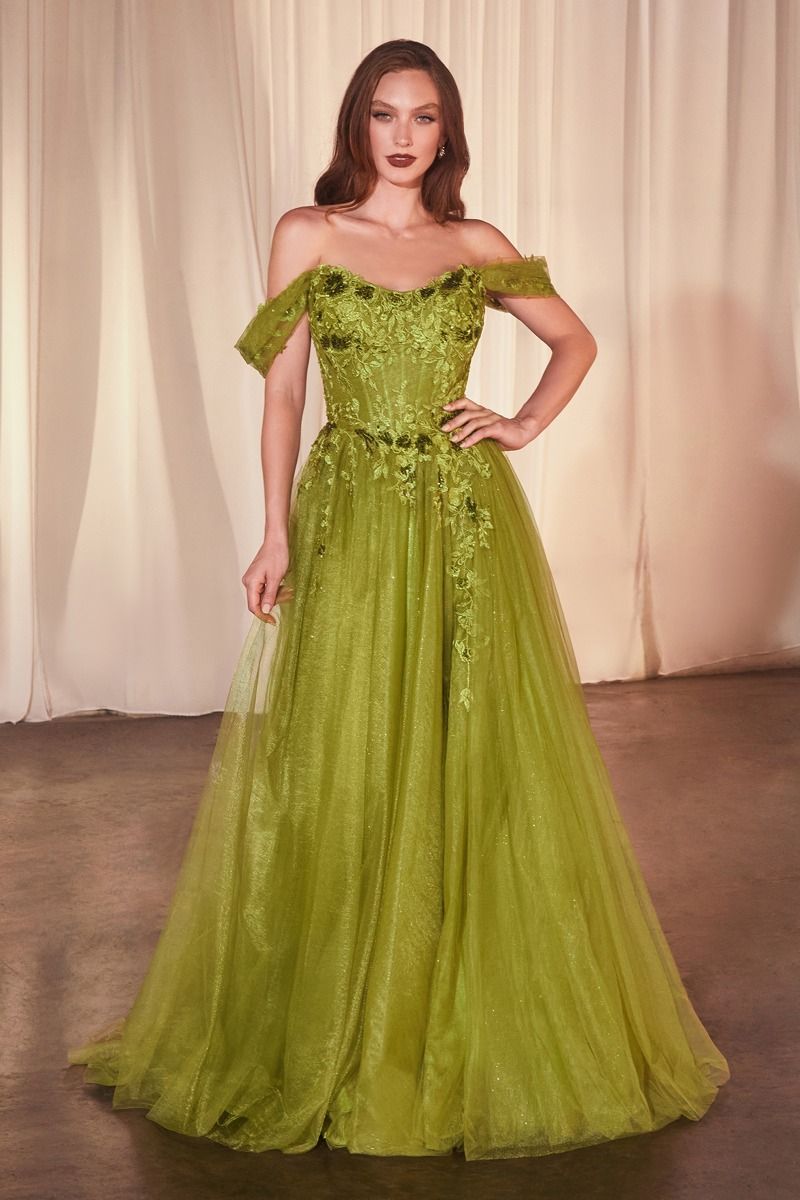 Ladivine CD799 Off the Shoulder A Line Slit Leg Ball Gown, Greenery / 6 Ladivine CD799 Off the Shoulder A Line Slit Leg Ball Gown, Greenery / 6