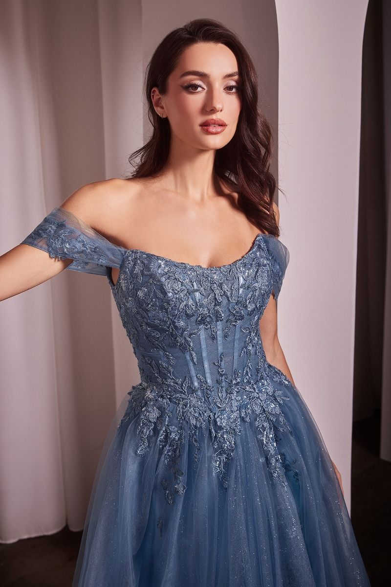Ladivine CD799 Size 10 Smoky Blue Tulle A Line Shimmer Dress Formal Off the Shoulder Ballgown Lace Bodice Ladivine CD799 Size 10 Smoky Blue Tulle A Line Shimmer Dress Formal Off the Shoulder Ballgown Lace Bodice