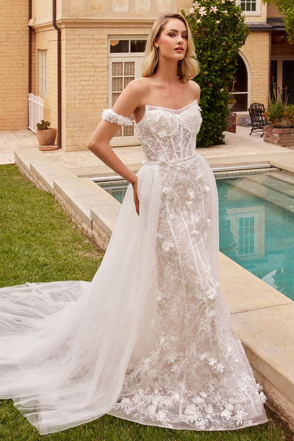 Andrea and Leo Couture CD861W Fit and Flare Wedding Dress Overskirt Off Shoulder Straps 14 / Off White