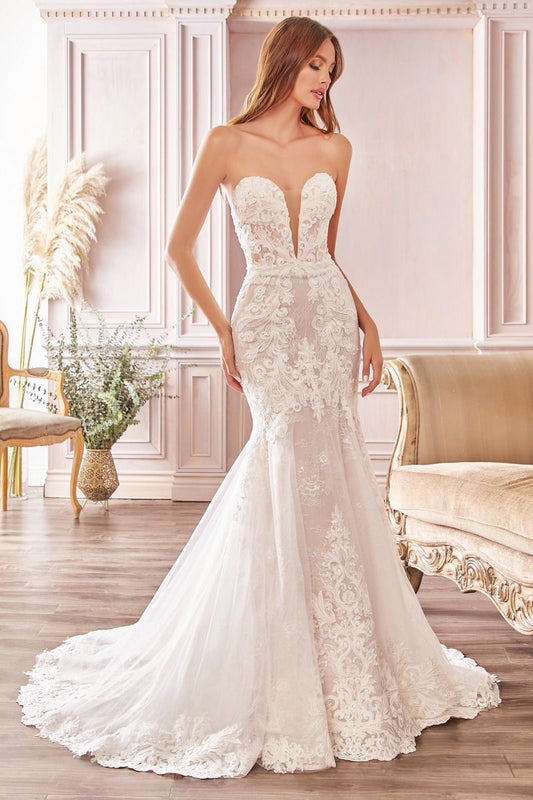 Look like a dream in the Ladivine CD928 long lace mermaid wedding dress. Featuring a stunning lacework that cinches the waist, corset bodice, and scallops at the hem, this gown creates an hourglass silhouette that is perfect for the special bride. The removable back tail allows for an elegant look during the ceremony and a more relaxed look for the reception. Make your wedding day extra special with the Ladivine CD928.