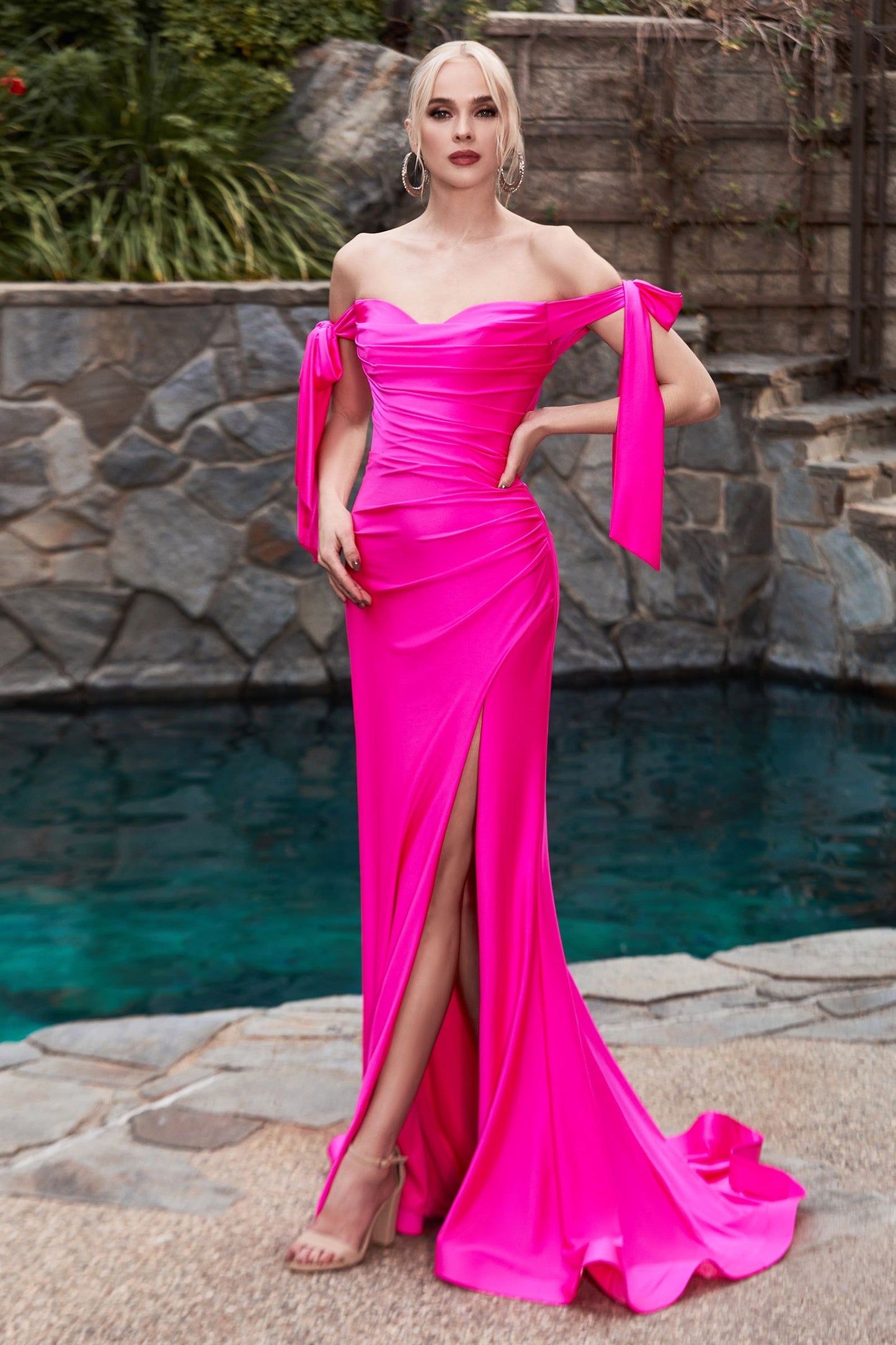 Ladivine CD943 Evening Bridesmaids Dress Off the Shoulder Tie Straps Fitted Ruched with Slit