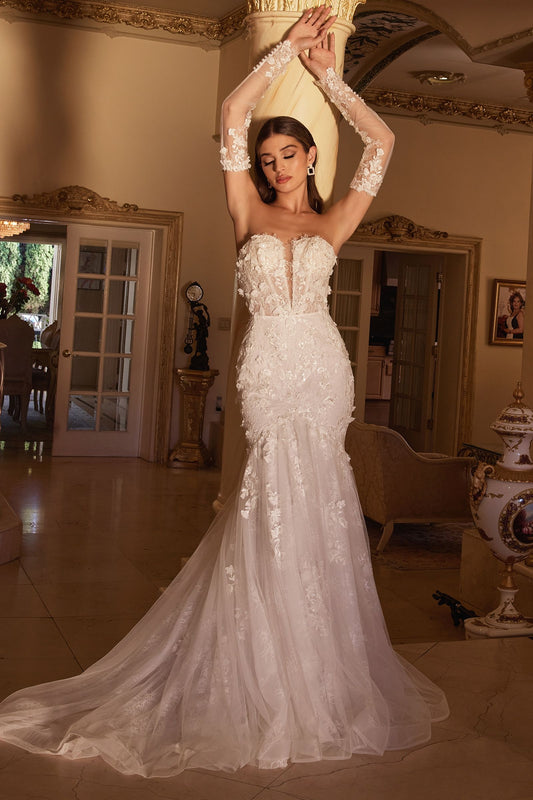 This Ladivine CD977W wedding dress features a beautiful chantilly lace design and three-dimensional floral appliques. The fit-and-flare silhouette includes a plunging v-neckline and lace-up corset back, with removable off-the-shoulder long lace sleeves and a detachable underarm for a customizable look. Perfect for making a lasting impression at your special event.