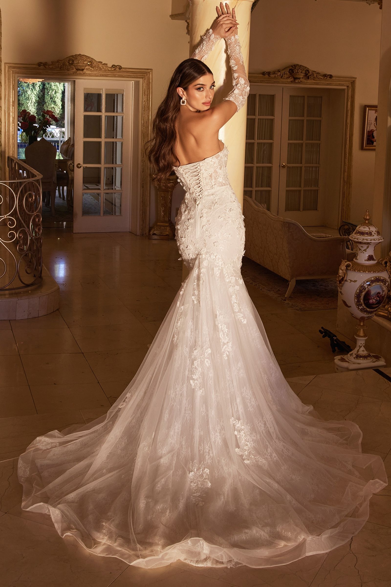 Ladivine CD977W Long Sleeve Lace Fit & Flare Wedding Dress V Neck Brid Glass Slipper Formals Ladivine CD977W Long Sleeve Lace Fit & Flare Wedding Dress V Neck Brid Glass Slipper Formals