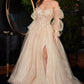 Ladivine CD997 Long Shimmer sheer lace corset long puff sleeve Dress Slit Formal Gown