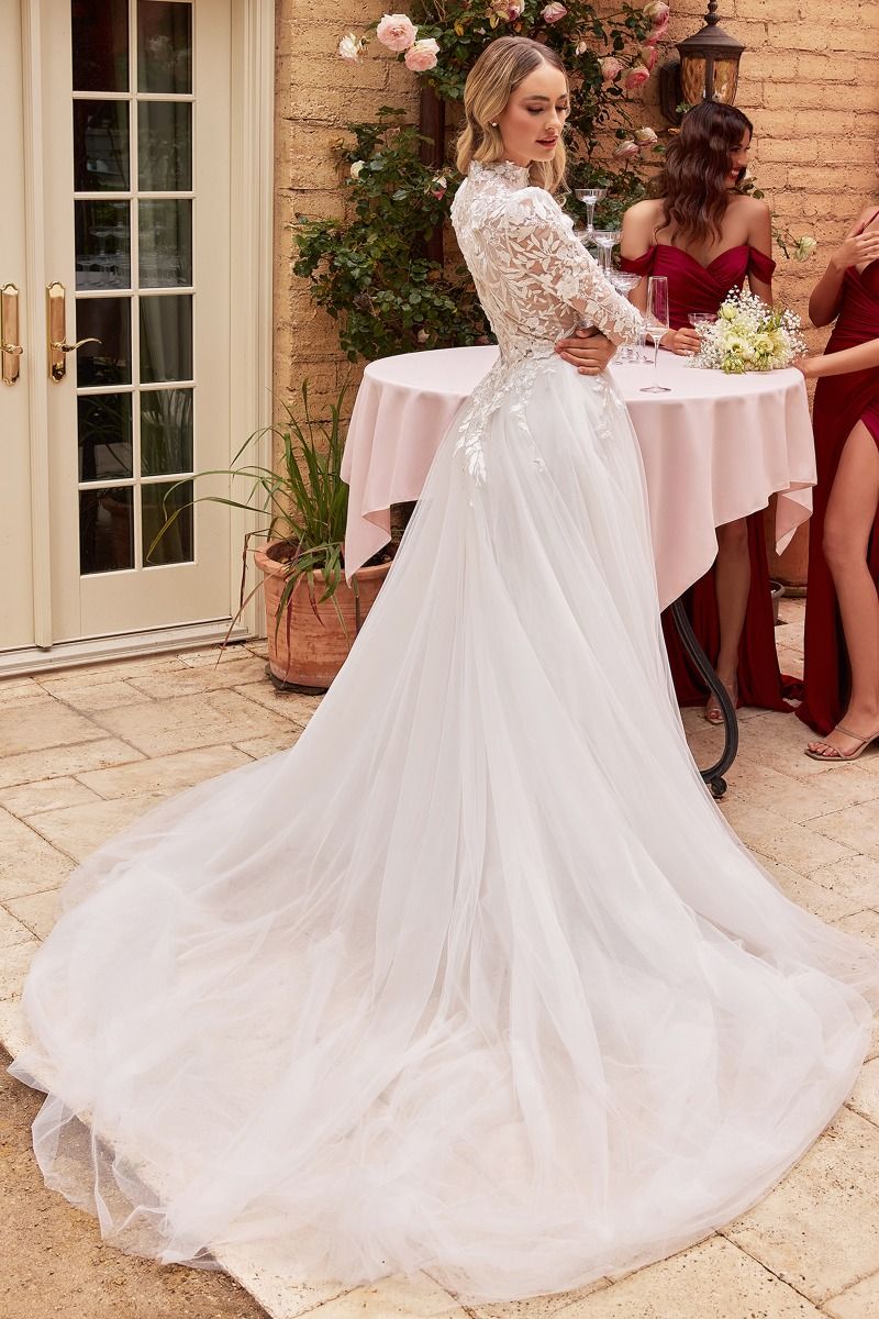 Ladivine CDS433W Sheer Lace Long Sleeve Bridal Ballgown Classy Wedding –  Glass Slipper Formals