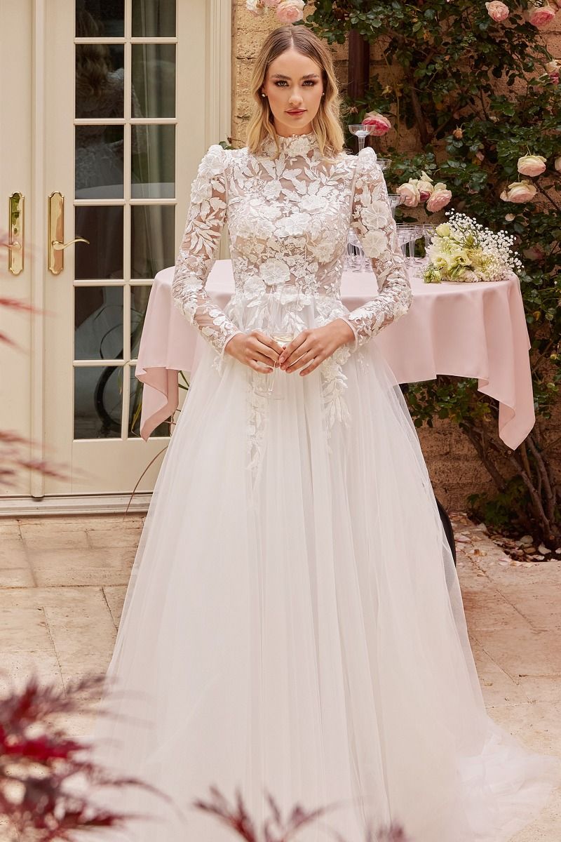 Ladivine CDS433W Sheer Lace Long Sleeve Bridal Ballgown Classy Wedding Dress Tulle Modest 16 / Off White Ladivine CDS433W Sheer Lace Long Sleeve Bridal Ballgown Classy Wedding Dress Tulle Modest 16 / Off White