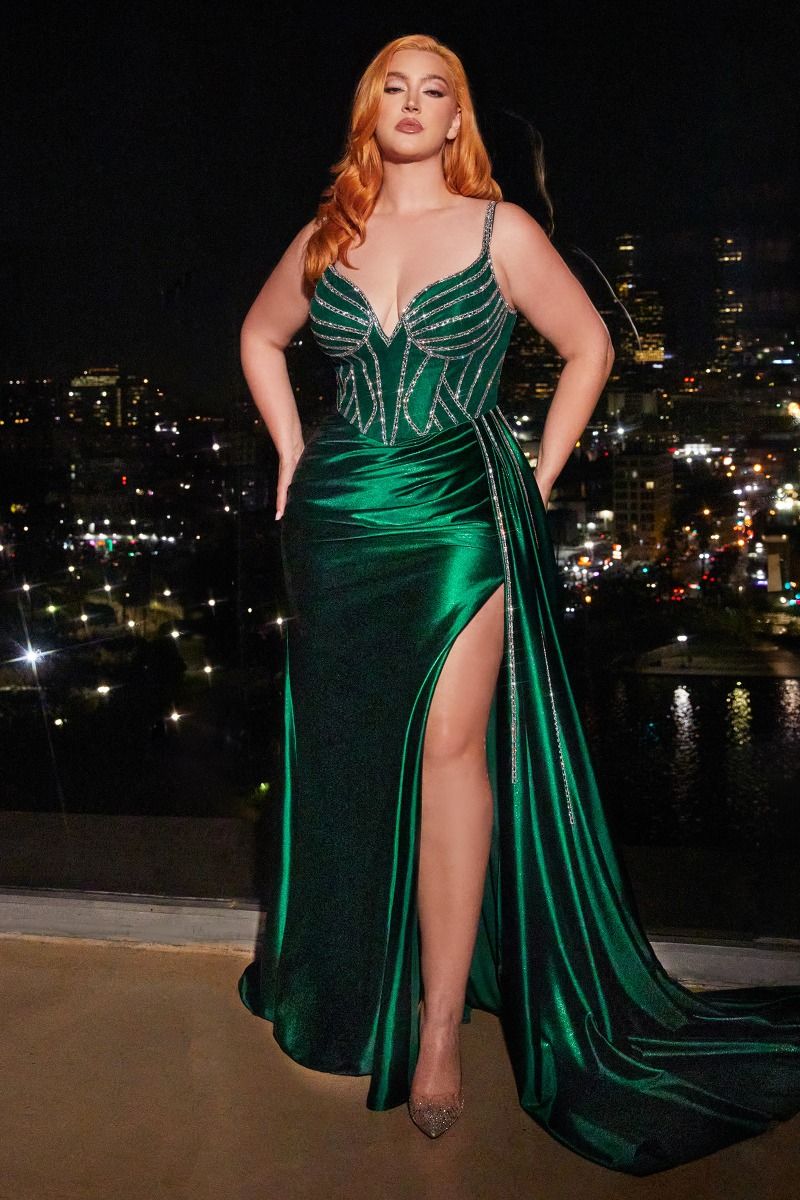 Be the belle of the ball in the Ladivine CDS440 Prom Dress. This stunning gown features a sheer crystal corset, adding a touch of glamour to your look. The satin fabric and overskirt add elegance, while the plus size fit ensures a flattering silhouette. Perfect for any special occasion. 