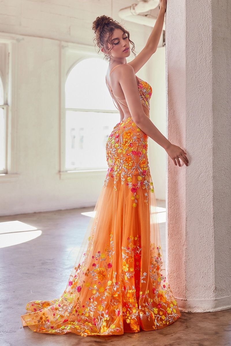 Ladivine CK946 Size 6 Orange Sheer Corset Sequin Backless Prom Dress Mermaid Fitted Floral Print Gown