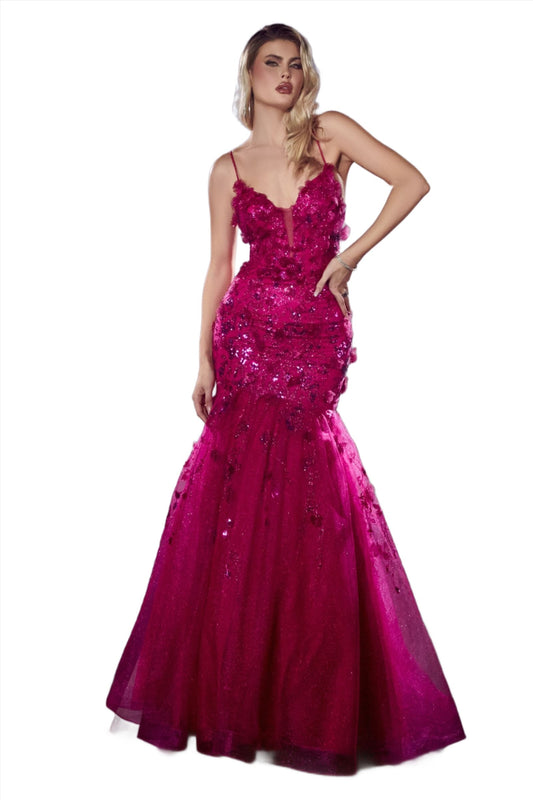 Step into a dazzling world of shimmer and style with the Ladivine CM328 Floral Mermaid Glitter Prom Dress. Featuring 3D floral appliques, a flattering mermaid silhouette, and a touch of sparkle from the sequin shimmer, this corset formal gown is sure to make you stand out at any formal occasion. Celebrate your unique beauty with Ladivine. 