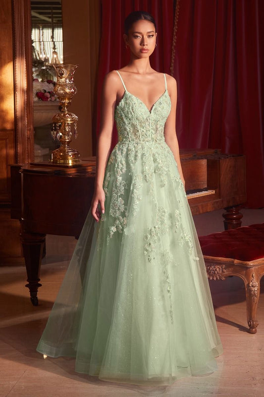 Be the belle of the ball in this stunning Andrea & Leo Couture CM347 prom dress. The sheer lace and sequin details create an elegant and sophisticated look, while the corset and A-line silhouette provide a flattering fit. Perfect for any formal event, this gown is sure to turn heads and make you feel like a true princess. Bring elegance and charm to your next special event in this playful lace & tulle ball gown. 