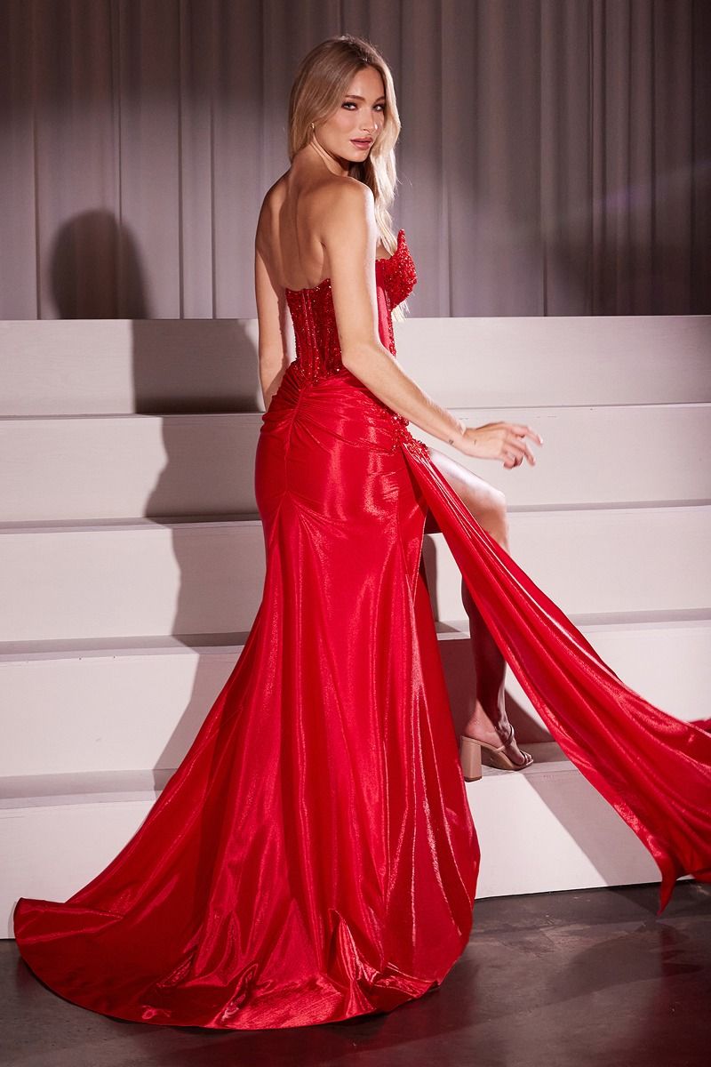 Elevate your prom night with the Ladivine CM369, a stunning strapless design that combines timeless elegance with modern sophistication. This show-stopping gown features a structured corset bodice with delicate sheer lace detailing, creating an alluring silhouette. The dramatic slit train adds movement and glamour, while the backless cut offers a daring, refined finish. Perfect for those seeking a dress that commands attention and celebrates confidence, this piece delivers red-carpet worthy style for your m