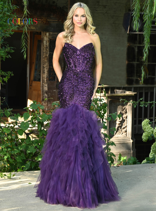 Colors Dress 3202 Long Fitted Sequin Mermaid Prom Dress Ruffle Tulle Skirt Strapless Corset