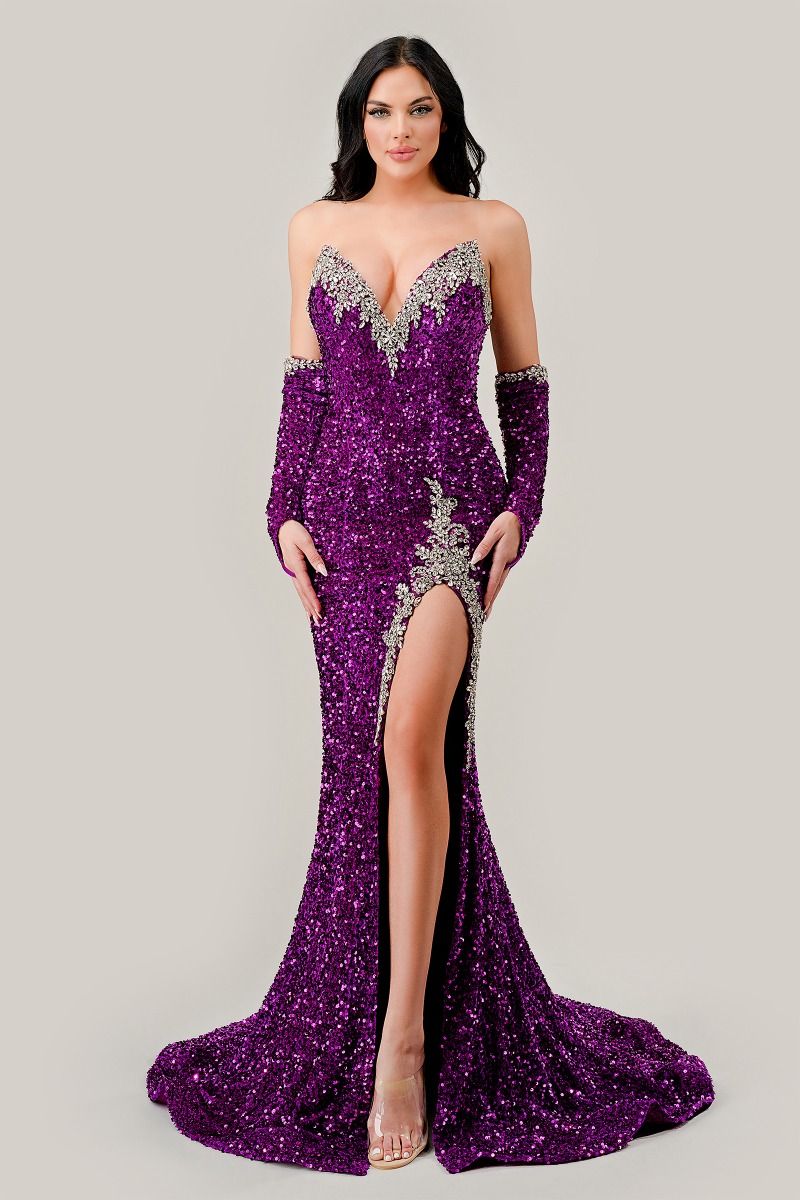 Ladivine CP639 Long Sequin Velvet Crystal Slit V Neck Prom Dress Gloves Formal Pageant Gown