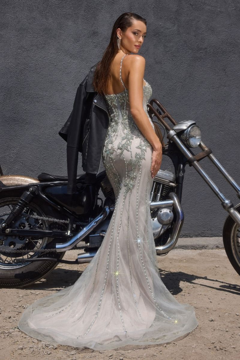 Ladivine CR383 Corset Prom Dress Beaded Pageant Gown 8 / Nude/Silver