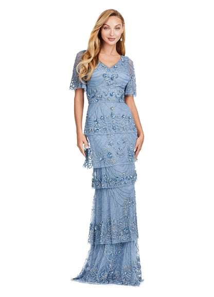 Ashley Lauren 11235 Beaded Evening Gown Long Dress Tiered Sequin Butterfly Sleeve