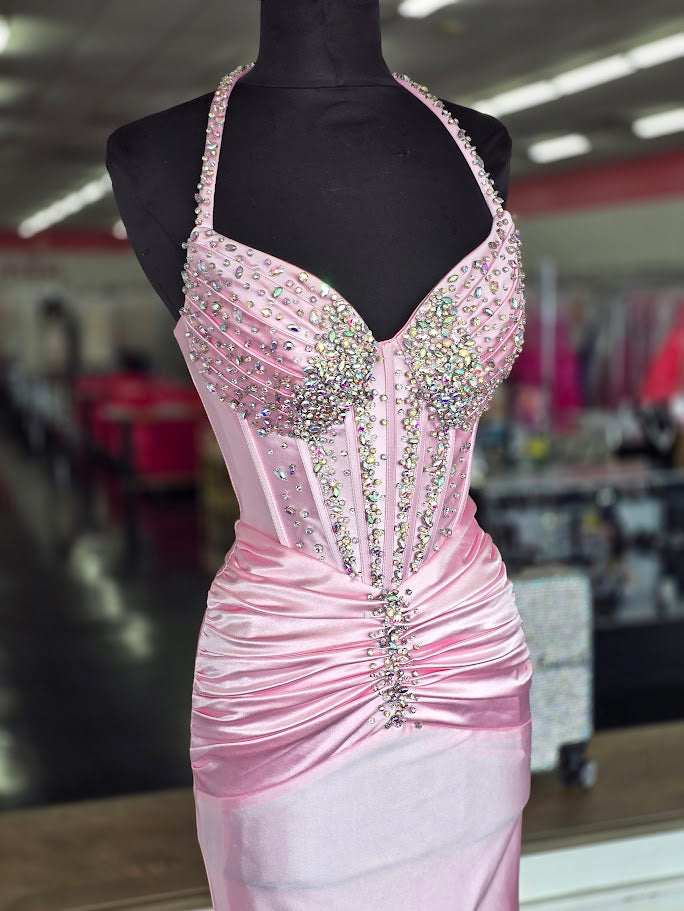 Jovani D5091 Size 00 Pink Crystal Corset Halter Prom Dress Pageant Gown Slit Ruched Waist Formal