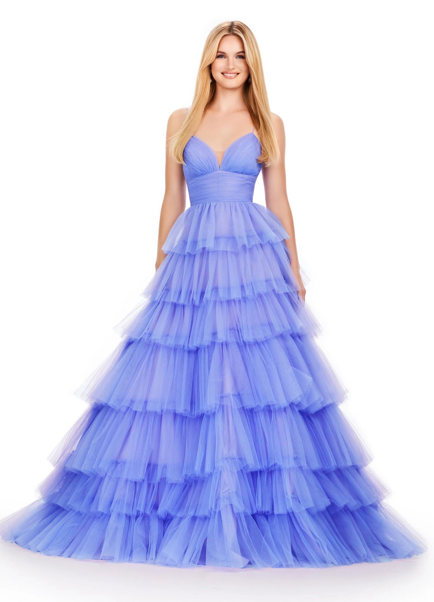 Ashley Lauren 11622 Long Layered Tulle A Line Prom Dress Formal Ballgown V Neck This tulle ball gown features a tiered design and ruched bustier. The look is complete with spaghetti straps and a sweetheart neckline.  COLORS: Electric Coral, Orchid, Jade, Hot Pink Sizes: 0-24