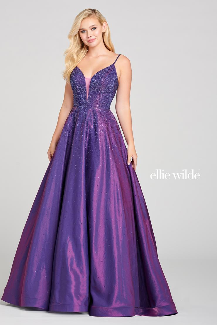 Make a statement at your next formal event in the stunning Ellie Wilde EW121005 Crystal Covered Shimmer Satin Ballgown Corset Prom Dress V Neck. This sleeveless dress is designed with a novelty stretch jersey and stone accent ball gown, featuring a plunging V-neck, natural waist, lace up back, and a horsehair hem. Plus, two convenient pockets make it easy to keep essentials close by. Complete with a sweep train, this dress will ensure you look your best.