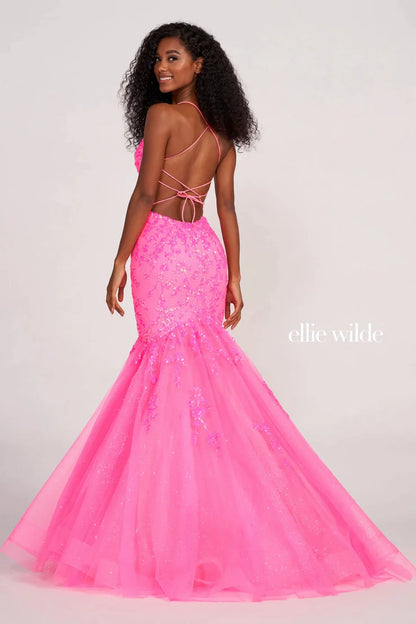 Ellie Wilde EW34011 Size 8 Hot Pink Prom Dress Sequin Backless Corset Mermaid Shimmer Formal Gown V Neck