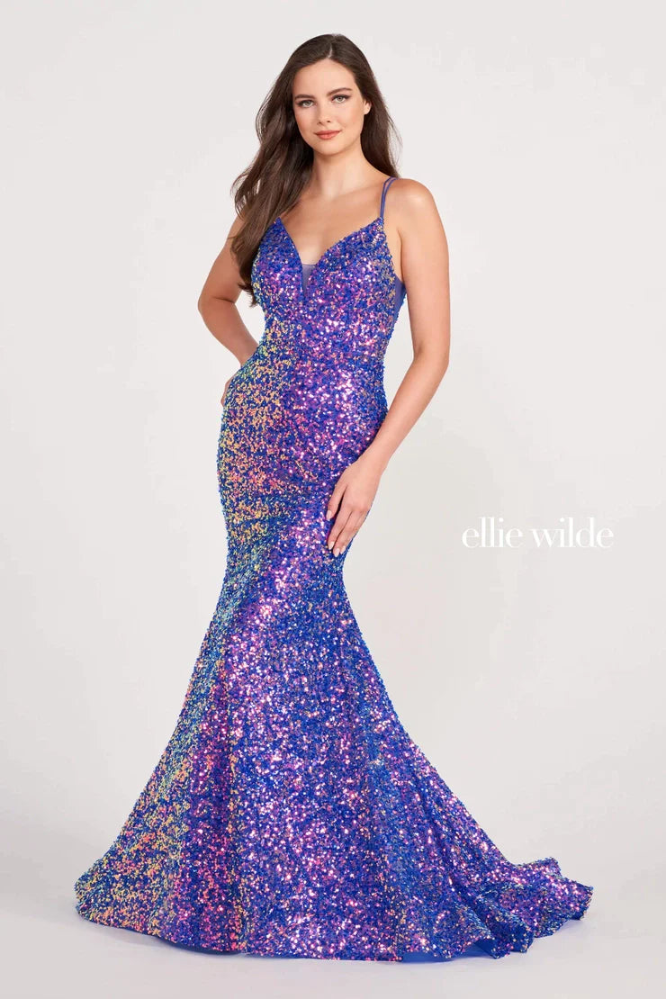 Ellie Wilde EW34016 Size 00 Purple Rain Long Sequin Mermaid Corset Formal Prom Dress Backless V Neck Iridescent Ellie Wilde EW34016 Size 00 Purple Rain Long Sequin Mermaid Corset Formal Prom Dress Backless V Neck Iridescent