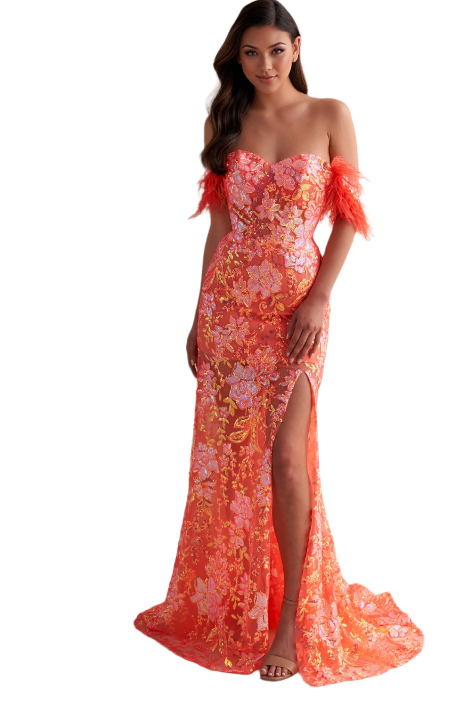 Ellie Wilde EW34034 Size 10 Coral Prom Dress Long Sheer Sequin Feather off the shoulder slit Dress corset gown