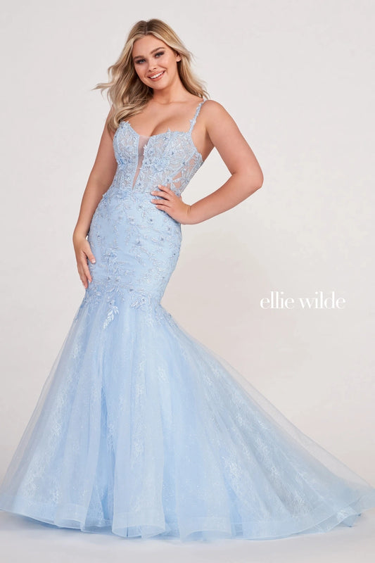 Look stunning in this long Ellie Wilde EW34085 Prom Dress with its lace shimmer bodice and beaded lace glitter mermaid trumpet skirt. The plunging neckline adds a daring touch and makes this dress perfect for your formal occasion.  Sizes: 00-24  Colors: ORANGE, LIGHT BLUE, EMERALD, LAVENDER
