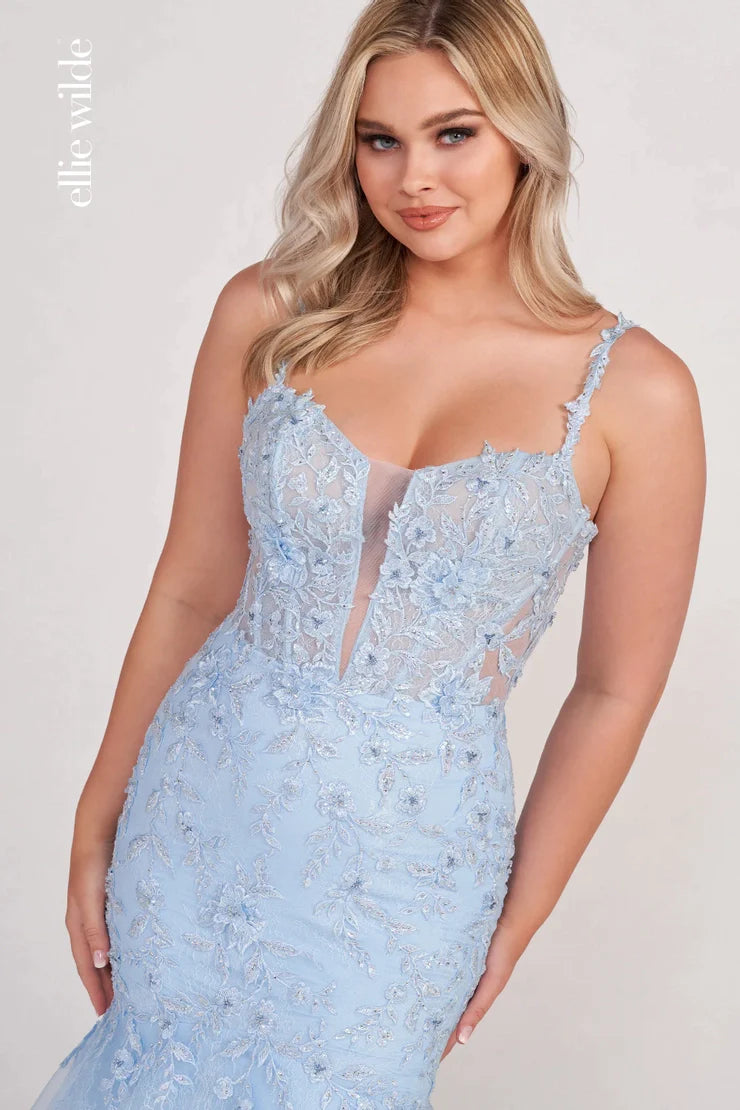 Look stunning in this long Ellie Wilde EW34085 Prom Dress with its lace shimmer bodice and beaded lace glitter mermaid trumpet skirt. The plunging neckline adds a daring touch and makes this dress perfect for your formal occasion.  Sizes: 00-24  Colors: ORANGE, LIGHT BLUE, EMERALD, LAVENDER