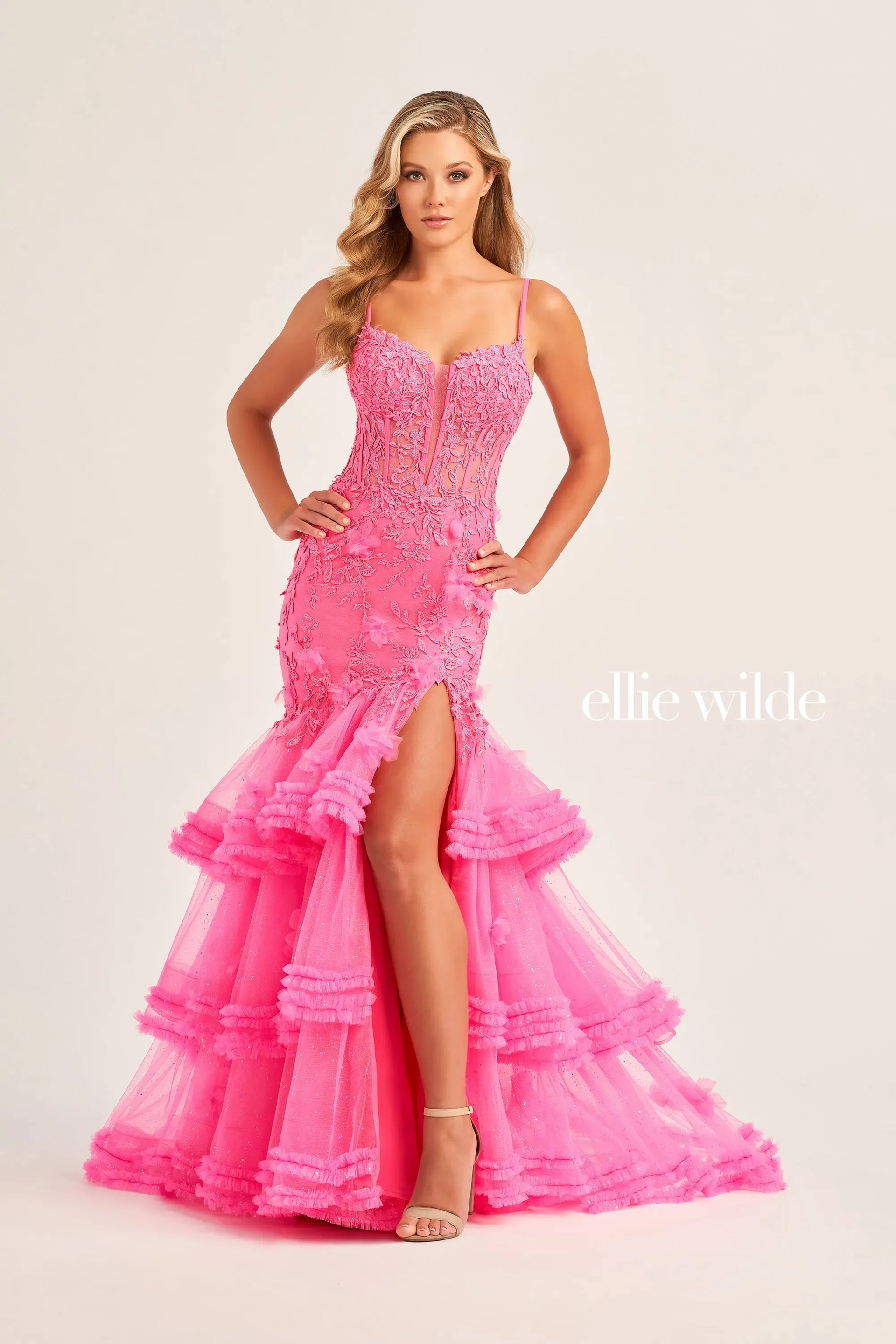 Ellie Wilde EW35050 Sheer Lace Corset Pleated Mermaid Prom Dress