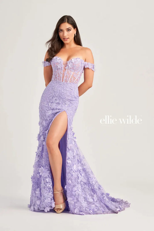Ellie Wilde presents EW35054 is a Long 3D Lace Sheer Prom Dress. This stunning mermaid gown features a corset off the shoulder design and a thigh-high slit for a glamorous and sophisticated look. The intricate 3D lace provides a touch of elegance and the sheer fabric adds an element of allure.  Sizes: 00-16  Colors: Lilac, Light Blue, Blush