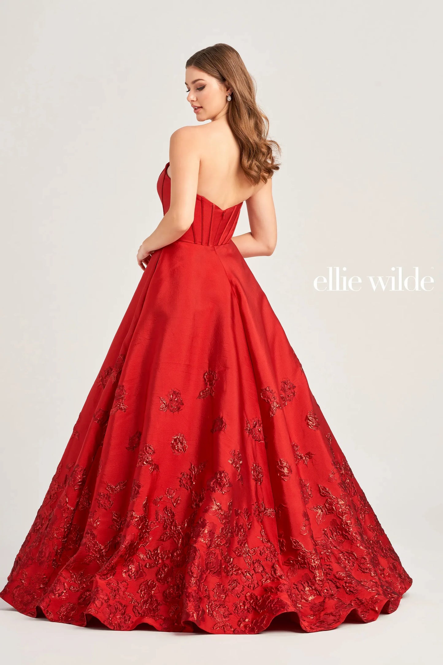 Ellie Wilde EW35073 A Line Corset Ballgown Formal Dress Sequin Hem Strapless Gown Pockets
