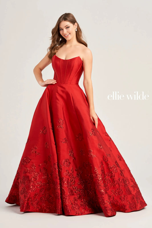 Ellie Wilde EW35073 A Line Corset Ballgown Formal Dress Sequin Hem Strapless Gown Pockets