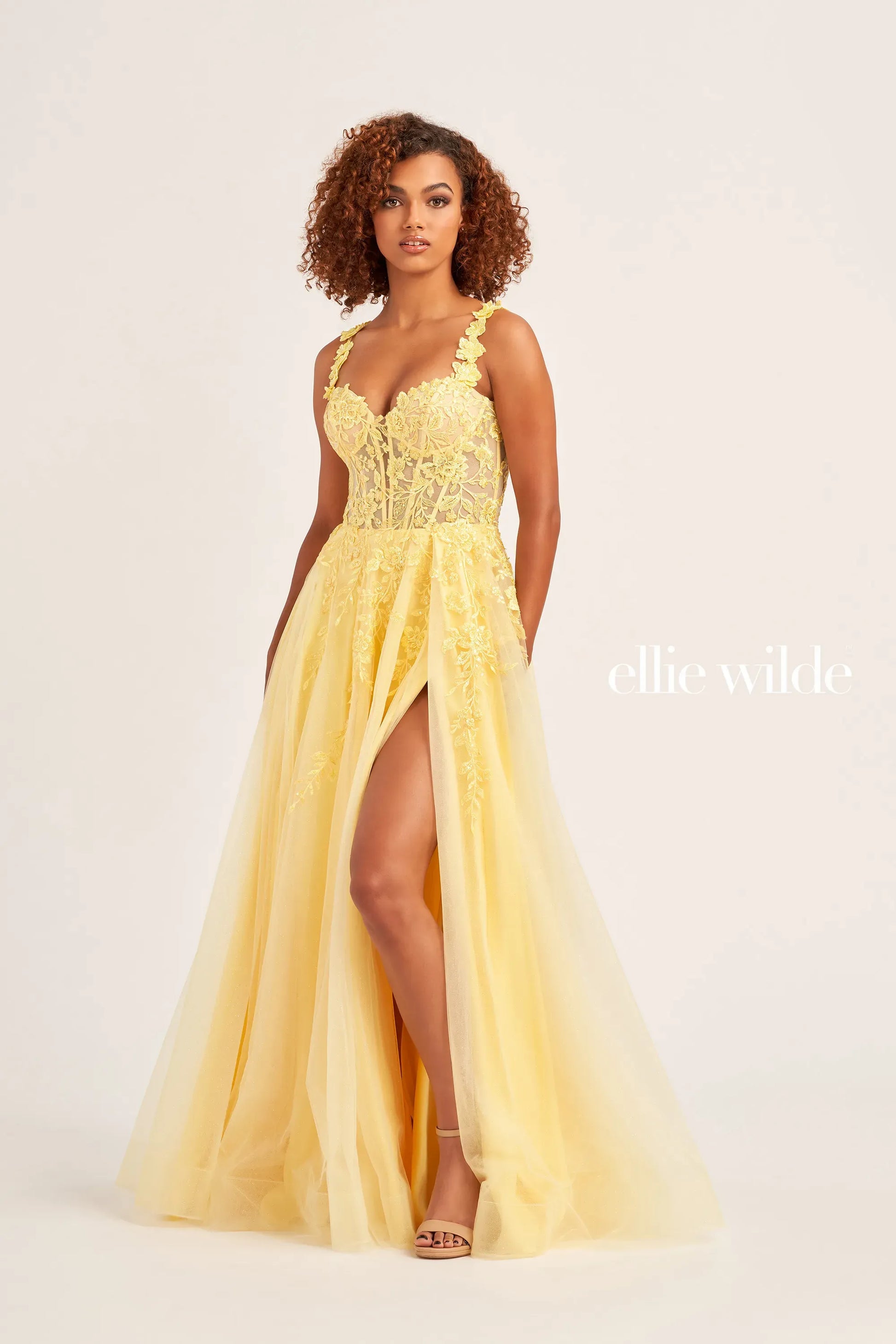 Ellie Wilde EW35101 Sheer Lace Corset Prom Dress Maxi Slit Shimmer Pageant Gown 14 / LIGHT YELLOW Ellie Wilde EW35101 Sheer Lace Corset Prom Dress Maxi Slit Shimmer Pageant Gown 14 / LIGHT YELLOW