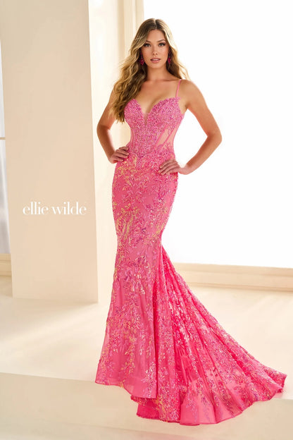 Ellie Wilde EW36003 Sheer Corset Sequin Mermaid Backless Prom Dress Pageant Evening Gown
