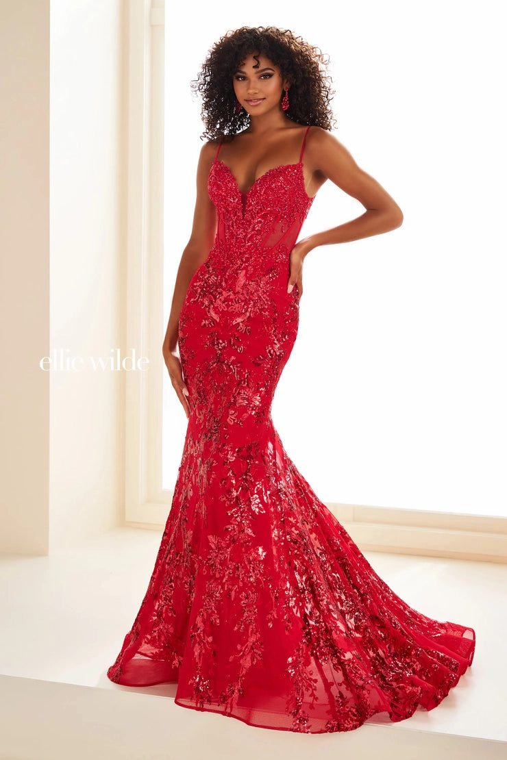 Ellie Wilde EW36003 Sheer Corset Sequin Mermaid Backless Prom Dress Pageant Evening Gown