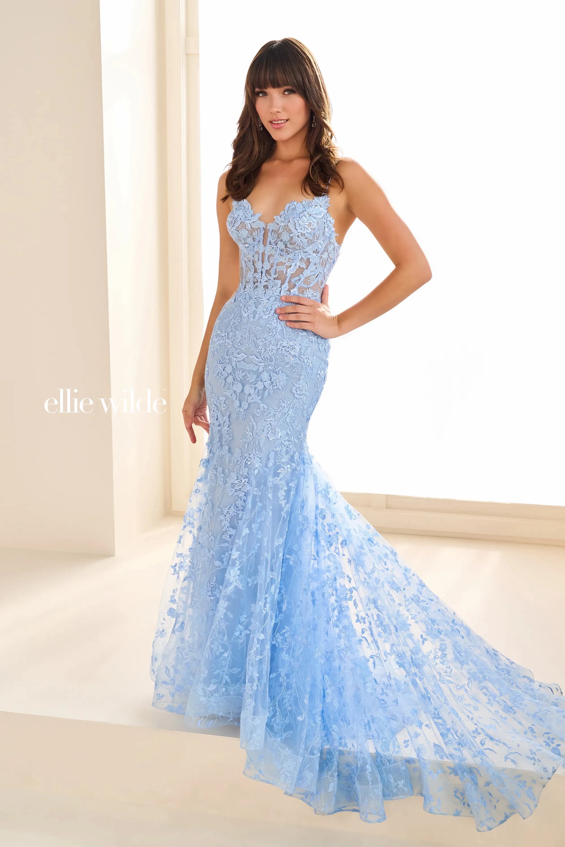 Ellie Wilde EW36008 Long Sheer Lace Corset Prom Dress Mermaid Formal Evening Gown Pageant 14 / Light Blue Ellie Wilde EW36008 Long Sheer Lace Corset Prom Dress Mermaid Formal Evening Gown Pageant 14 / Light Blue