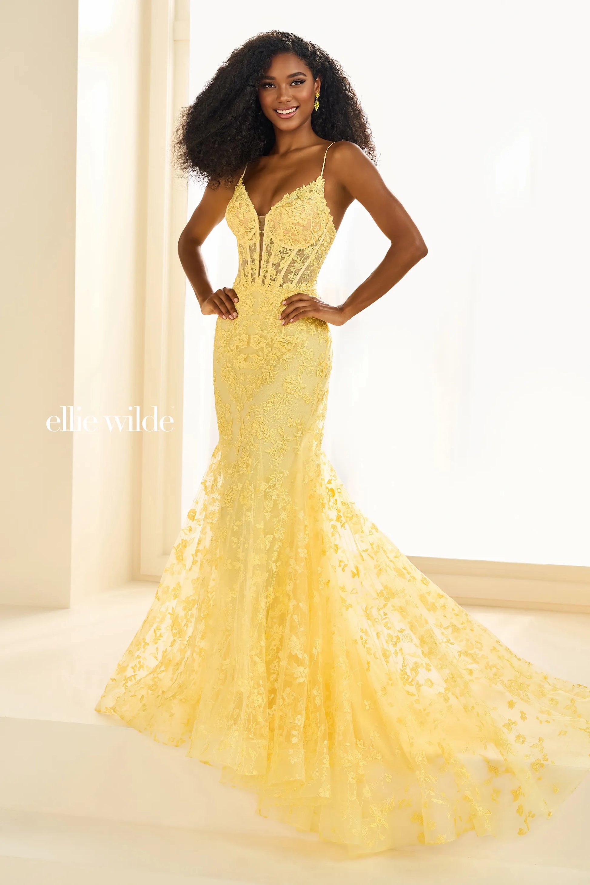 Ellie Wilde EW36008 Long Sheer Lace Corset Prom Dress Mermaid Formal E –  Glass Slipper Formals