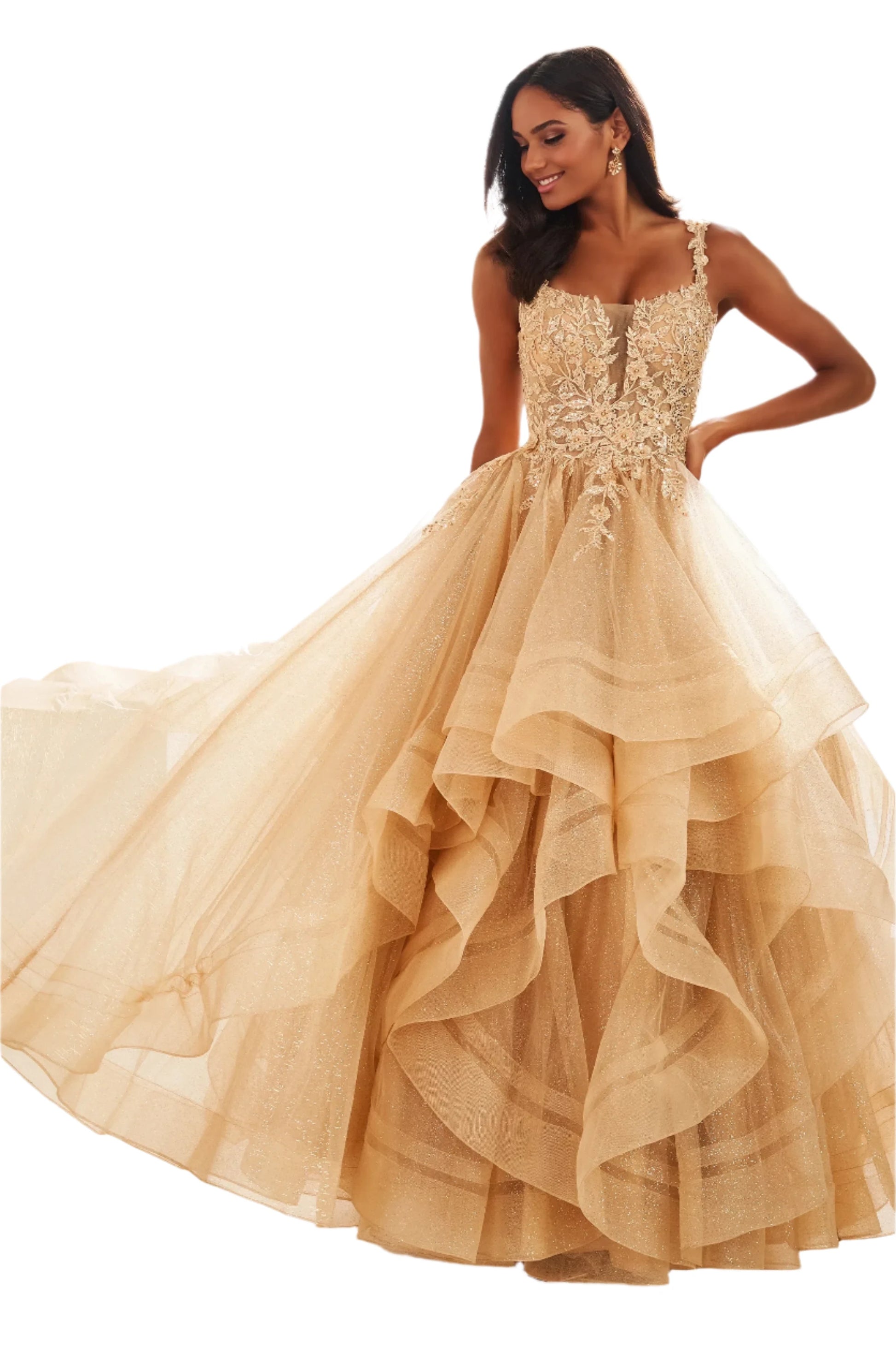 Ellie Wilde EW36035 Size 6 Gold Sheer Lace Shimmer Ruffle Prom Dress B Ellie Wilde EW36035 Size 6 Gold Sheer Lace Shimmer Ruffle Prom Dress B