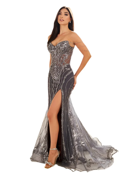 metal prom dress V-Neck Spaghetti Strap Fitted Antique Metal Jersey Gown JA2310 by Jessica Angel Metal / S