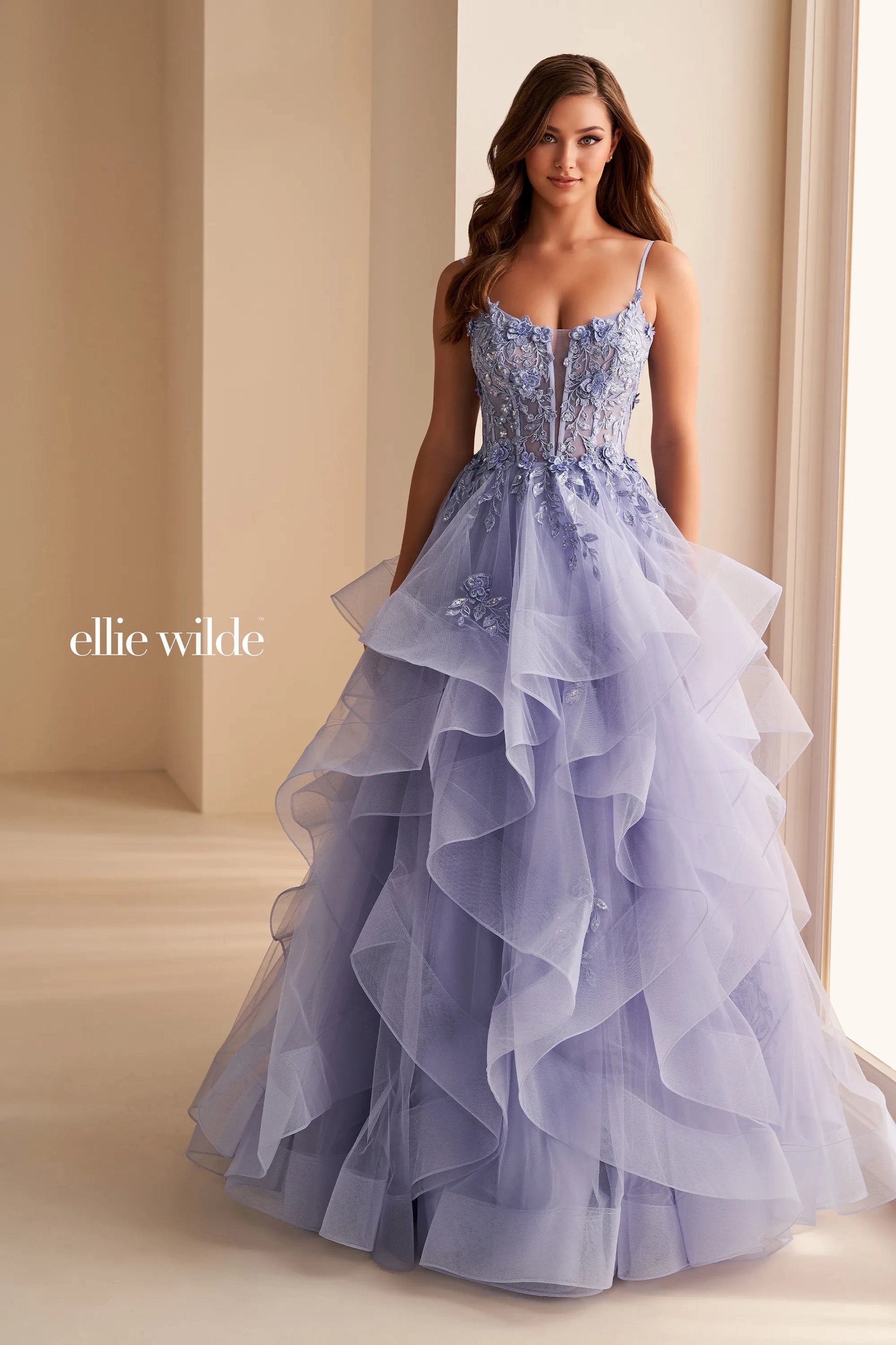 Ellie Wilde EW36225 Sheer Lace Corset Ball Gown Prom Dress Layer
