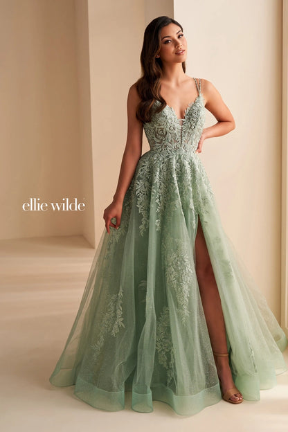 Ellie Wilde EW36226 Size 8 Strawberry Long Shimmer Sheer Lace A Line Slit Prom Dress Formal V Neck Gown