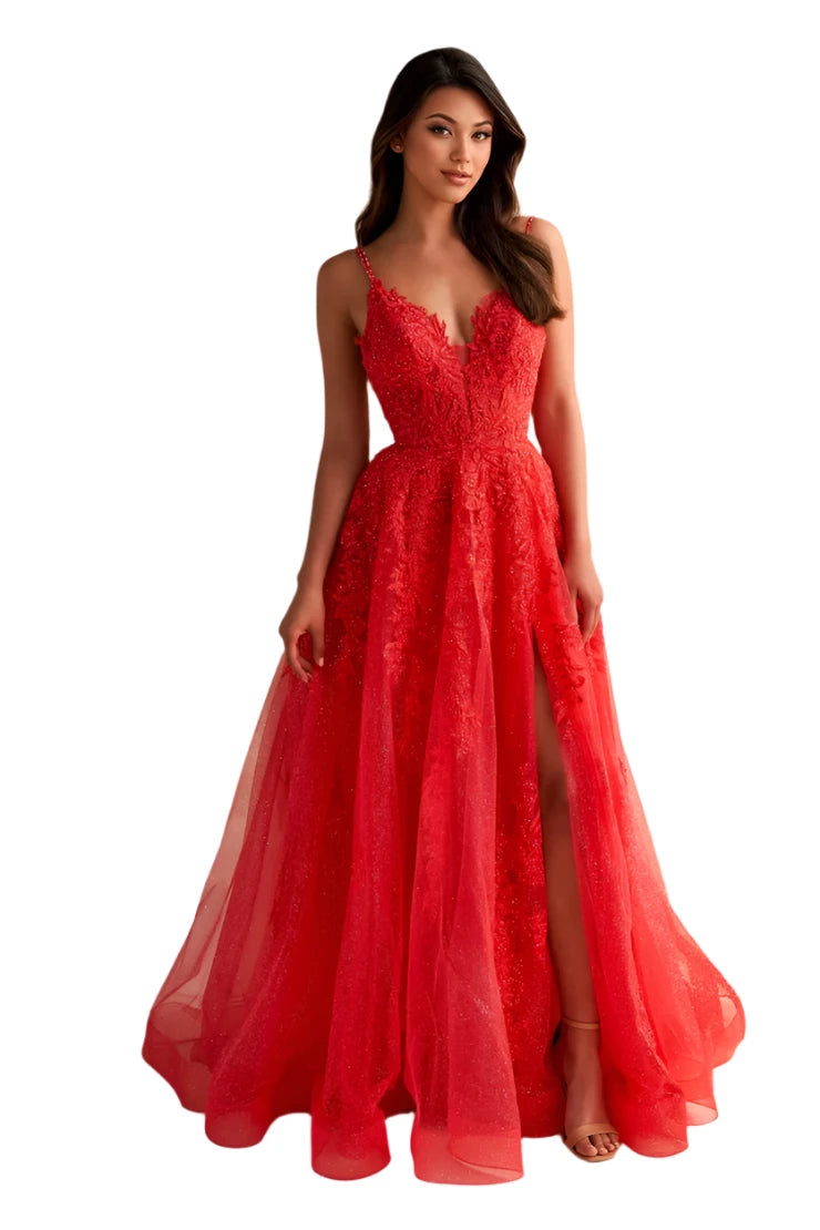 Ellie Wilde EW36226 Size 8 Strawberry Long Shimmer Sheer Lace A Line S – Glass Slipper Formals