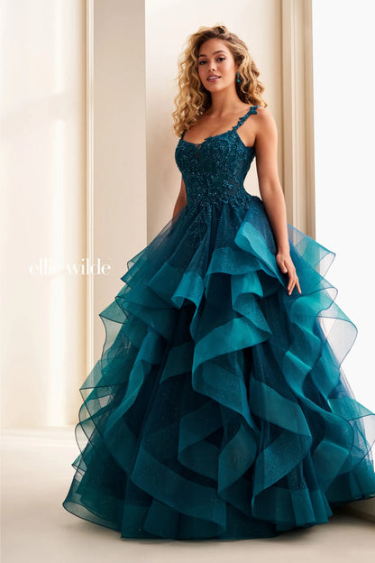 Elevate your prom night with this stunning Ellie Wilde ballgown. The EW37128 features a structured corset bodice and voluminous ruffle skirt in a captivating teal hue. This Size 0 gown combines timeless elegance with dramatic flair, perfect for making an unforgettable entrance. The fitted corset provides support and definition while the cascading ruffles create movement and dimension. Ideal for prom, formal events, or any occasion calling for show-stopping glamour.

Size: 0

Color: Teal