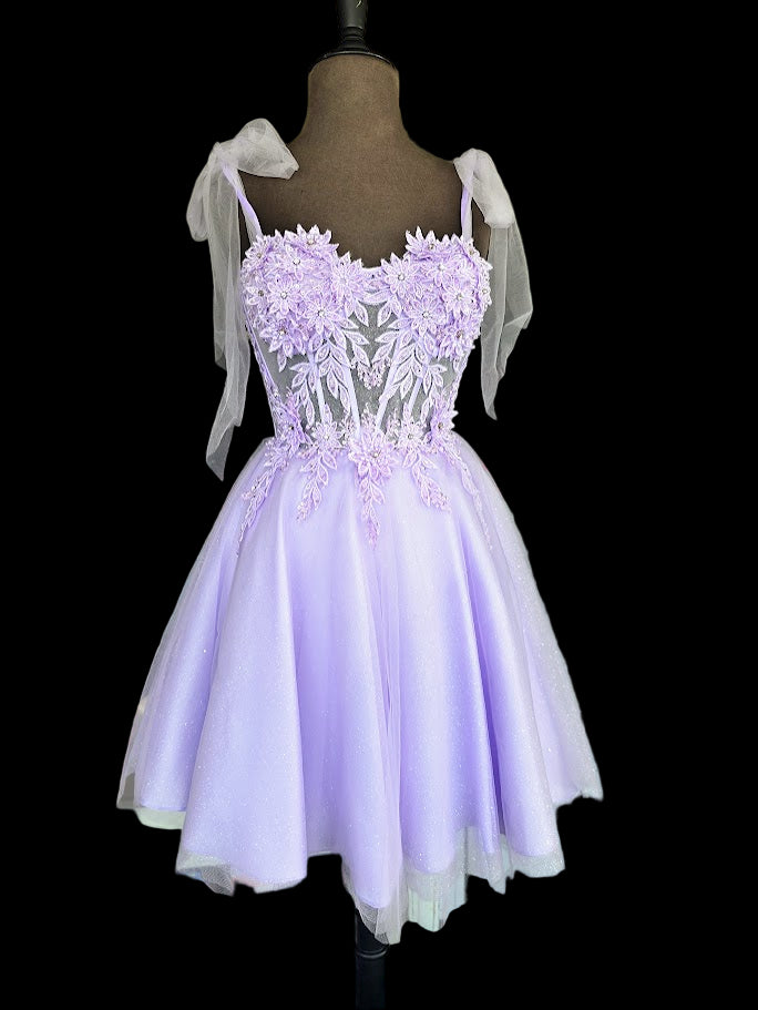 Amarra 87129 Short Fitted Lace Gown with Sequin Embellishments. This Backless Cocktail Dress Features a lace up tie Corset V neckline with mesh insert. Lilac size 8.

Available Sizes: 8

Available Colors: Lilac
