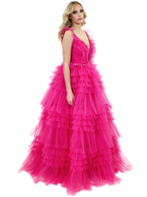 The Marc Defang 8092 Prom Dress is perfect for any ballroom. With its V neckline, long tulle layered ruffles, and sparkling crystal detail, it is sure to make you the center of attention. Its comfortable fit and luxe fabric makes it the ideal choice for a special occasion.  Sizes: 00-16  Colors: Hot Pink, Aqua, White, Royal, Red